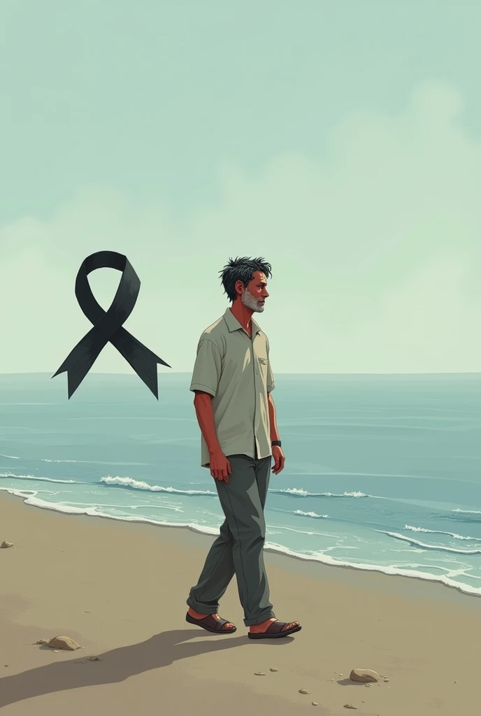  Image in the background middle aged man turned on his back , reddish skinned, short black hair with white threads ,  walking on a beach facing the horizon ,  at the corner of the image a black ribbon symbolizing mourning the loss of a dear family member