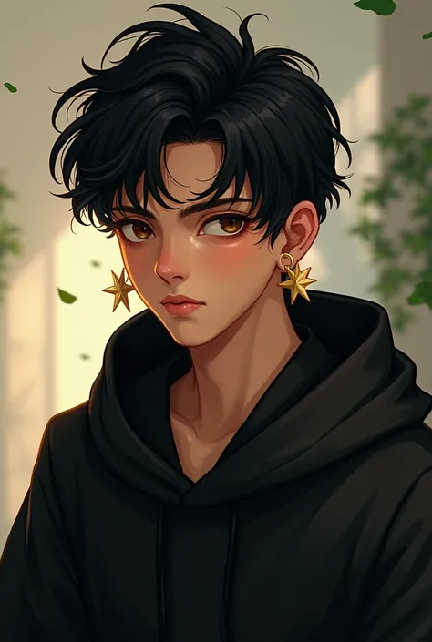 An 18-year-old black-haired boy with brown eyes ,  brown skin and star-shaped earrings in his ears and who is wearing a modern black robe with a cap on it