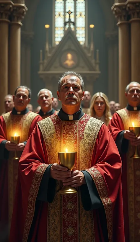 A montage of different medieval churches, each with a priest proudly holding up a golden cup, labeled “The True Holy Grail.