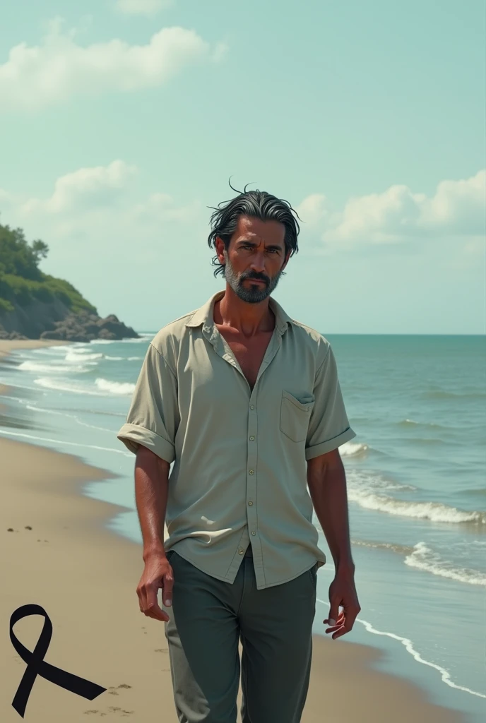  Image in the background middle aged man turned on his back , reddish skinned, short black hair with white threads ,  walking on a beach facing the horizon ,  at the corner of the image a black ribbon symbolizing mourning the loss of a dear family member