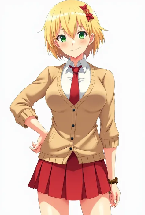 Short blonde haired teen anime girl wearing a red sailor skirt a buttoned up tan cardigan slightly athletic build small breasts smirking expression red tie white button up shirt green eyes
