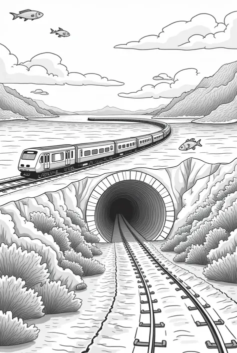 A coloring book page for adults featuring a detailed, outline-only depiction of The Channel Tunnel. The tunnel is shown stretching beneath the English Channel, with intricate details of the tunnels structure and the surrounding underwater environment. The ...