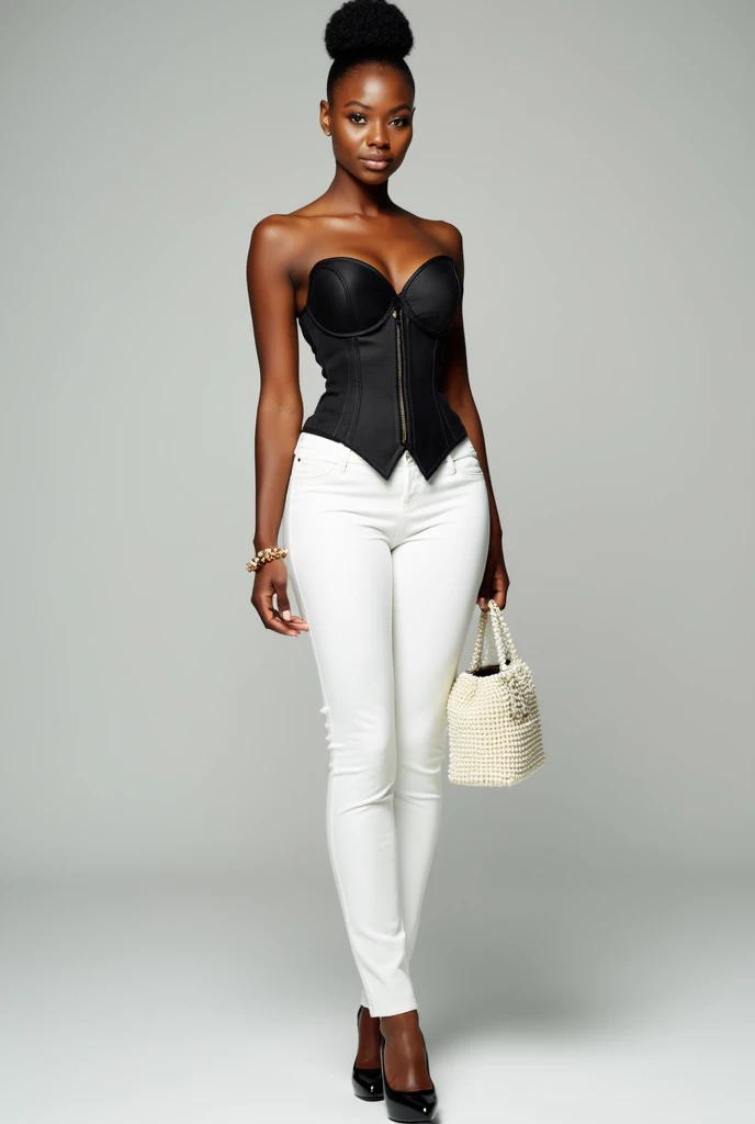 Une image d une femme noire chic avec un chignon plaquée habillé d un corset noir un pantalon tailleur moulant blanc des talons noires et un sac en perle blanc 