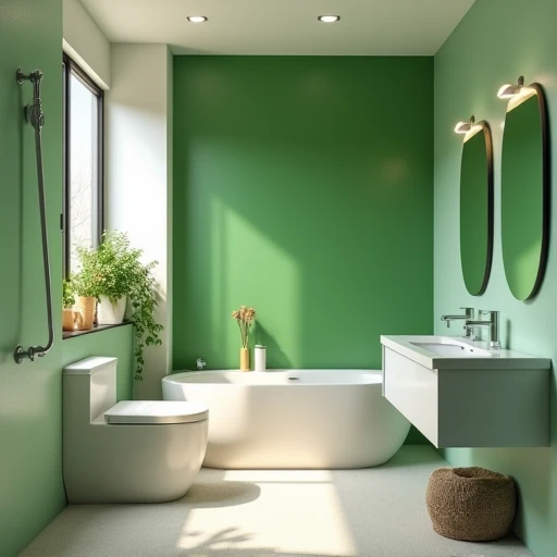 Green wall bathroom apartment with bath tub shower and toilet and sink and two mirrors