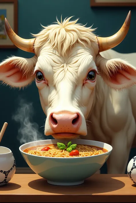 Light-eyed blonde cow , scientific, eating ramen,  likes Uruguayan murga and a red, blue and white soccer team