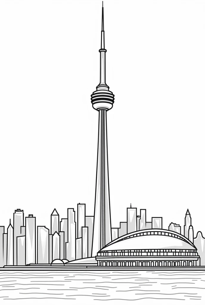 coloring book for adults, no detail, outline no colour, coloring book shows a depiction of The CN Tower in Toronto.