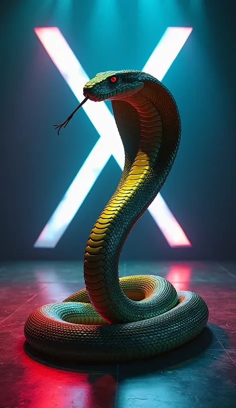 "A colossal, serpentine figure dominates the center of the brightly lit stage, seamlessly merging human and snake-like features. The cobra’s body is massive and muscular, its scales shimmering in iridescent hues of gold and deep green, reflecting the vibra...