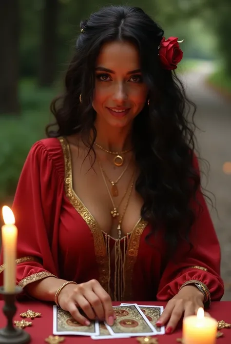  The image shows a mystical woman with long, dark hair and slightly curly wearing a red and gold dress.  The upper part is predominantly red with details ,  fallen sleeves with gold ornaments on the edge .  She is wearing gold accessories . She has a small...