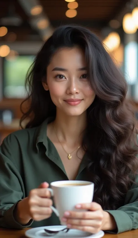 Seorang wanita cantik berwajah Indonesia rambut panjang tergerai keriting indah lagi ngopi latar belakang kafe Professional living  , 4k, HD, UHD, 8K,  High detail ,        ultra definition 