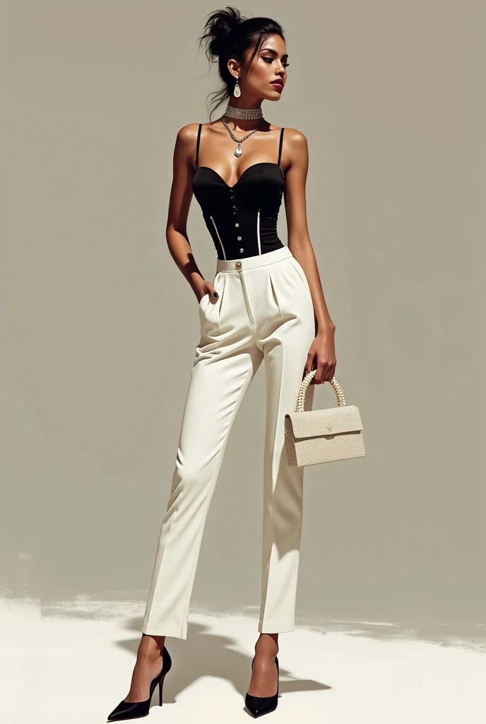 Une image d une femme noire chic avec un chignon plaquée habillé d un corset noir un pantalon de ville moulant blanc des talons noires et un sac en perle blanc 