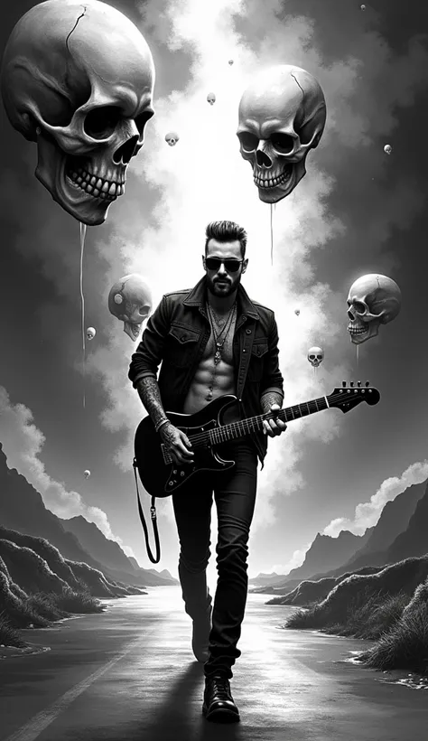 The image is a striking monochrome illustration featuring a handsome rocker man, 35 years old, lots of tattoos, short haircut, beard, sunglasses, black outfit with an ethereal quality, surrounded by floating skulls, walking and playing electric guitar down...