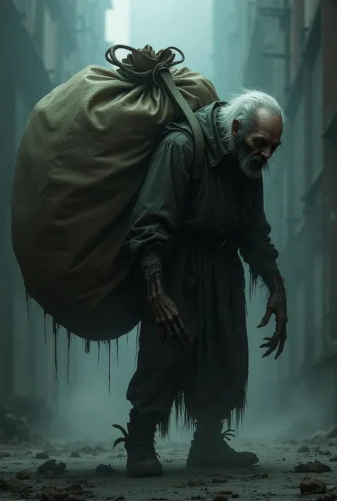 Create the image of a creepy old man with a giant bag on his back