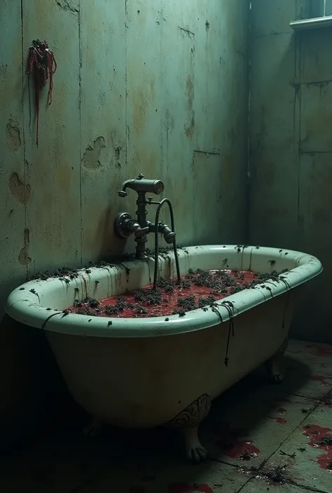 Realistic image: dark dirty bathtub  and guts full of black fliesbathroom filter film 