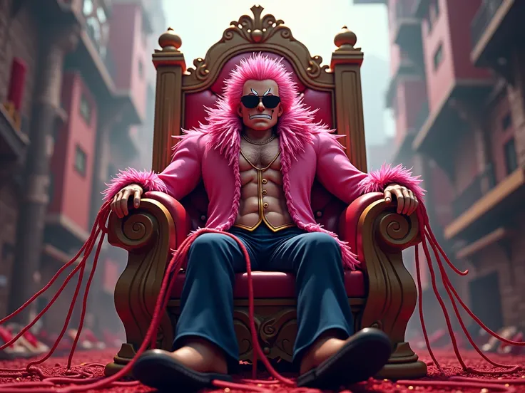 Donquixote Doflamingo in a character from Roblox ,  sitting on a throne in an environment of chaos filled with his red Raki sticking out of his body 