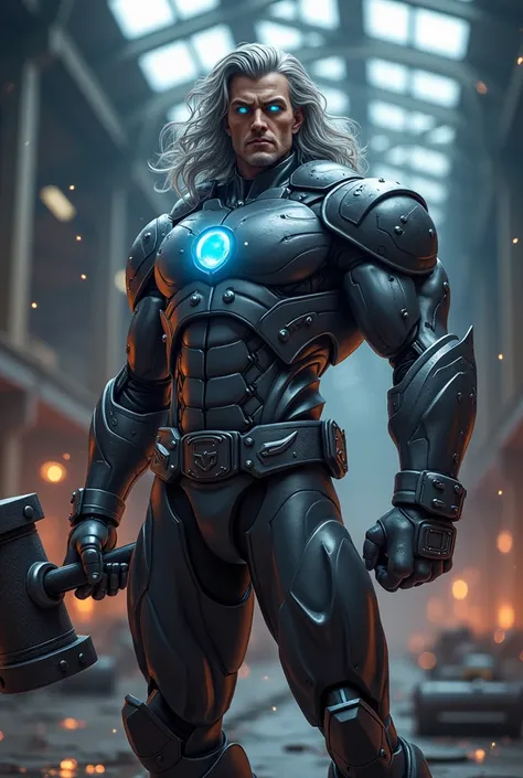 
" 4K Anime Style Quality ,   Digital Drawing Mode  , The iron-themed male character ,  Long Metallic Grey Hair That Reflects Light , Shining Steel Blue Eyes ,  is wearing a dark grey armored bodysuit with a rivet design,  Standing in a Factory with Sparks...