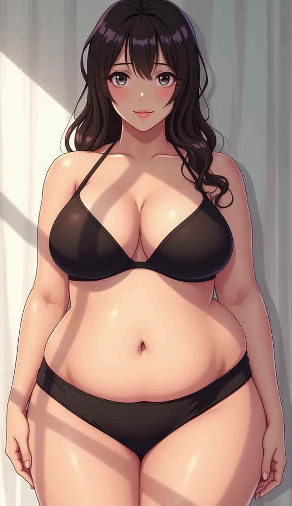 a beautiful 30 year old woman. with black underwear, brunette, voluptuous, big breasts, dark hair. Voluptuous, big tits, wide legs, beautiful, tender. Overweight Anime