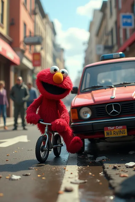 Elmo . sit in bike . Crashed by the car in street. At the town 