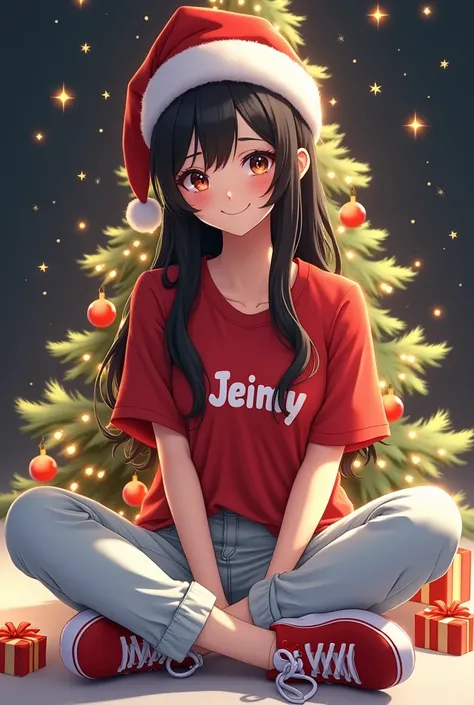 Young woman with long black hair beautiful smile wearing Christmas hat sitting cross-legged with red t-shirt with the name Jeimy on her chest in white blue pants from Bluyean with red sports shoes with white with black background a small Christmas tree beh...