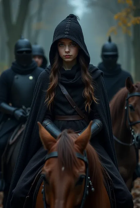  Create the image of a young girl dressed as a medieval bandit,  in front of her four men in black armor , Among the shadows, It&#39;s night time,  and you can only see the twinkle of her eyes . She is on a brown horse , And she is beautiful 