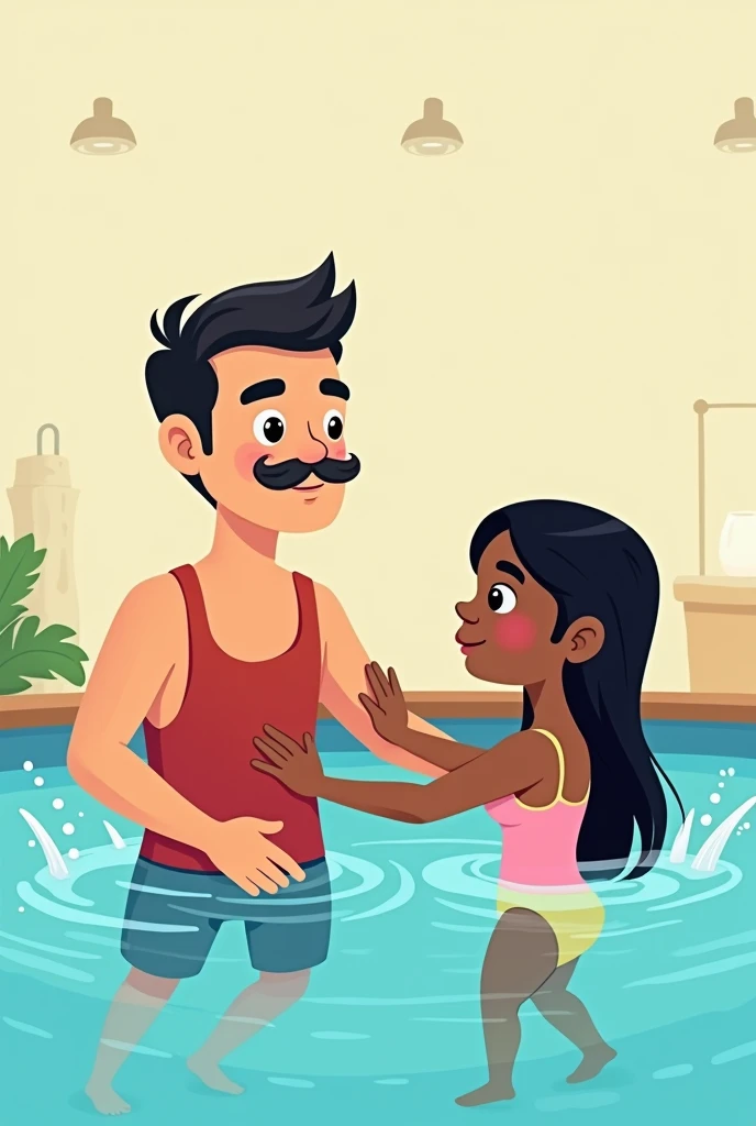 Create cartoon 
Illustration of a 37-year-old man swimming teacher with nothing mustache white-skinned man with his student little mulatto girl with long straight black hair