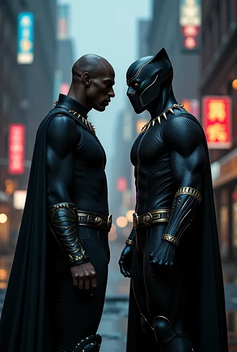 Create a realistic photo of the unmasked Blade character and the black panther character 