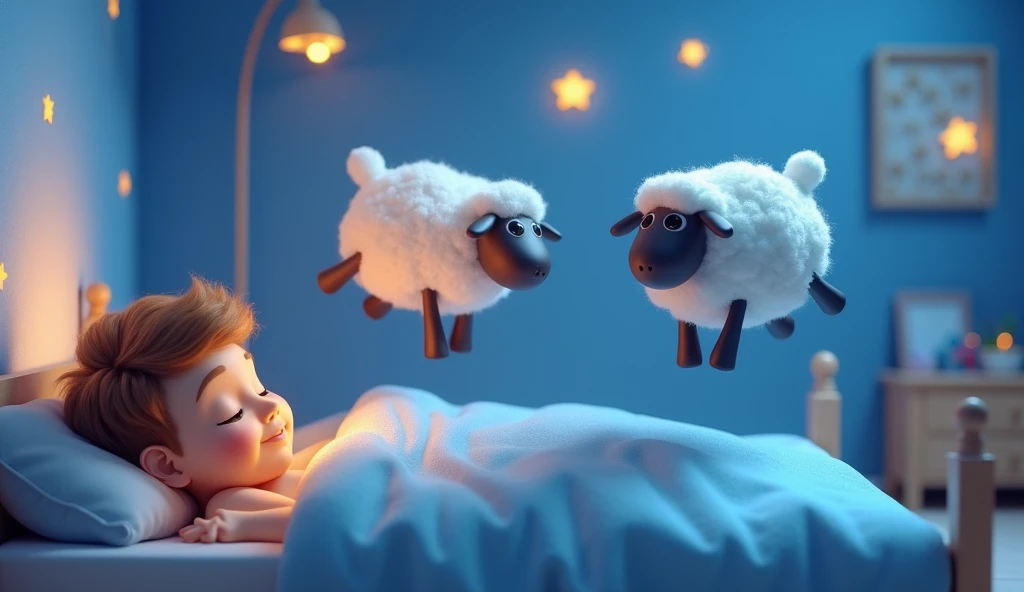 Sheep jumping over a s bed: A playful 3D cartoon-style scene where fluffy, animated sheep are jumping over the bed of a peacefully sleeping . The room is softly lit in shades of blue, with glowing stars on the walls and sheep gently leaping, creating a mag...