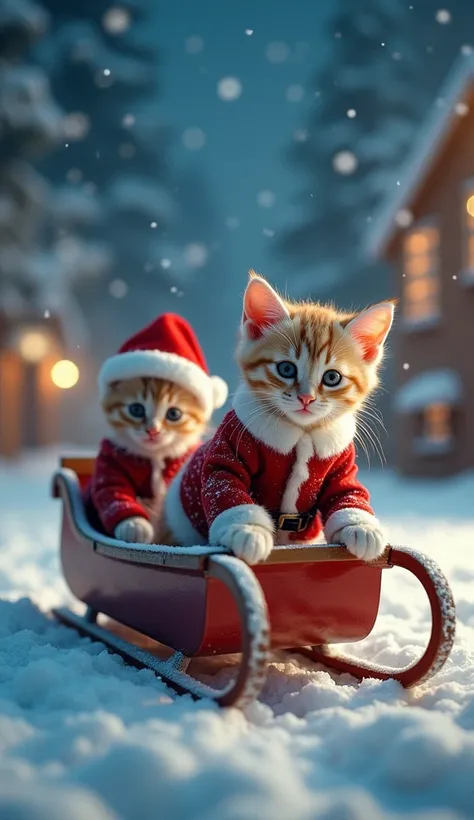 Kittens are pulling a sled.

A kitten dressed as Santa Claus is sitting on the sled.

The background is a Christmas snowy night town, it is snowing.

Realistic. Photorealistic. Image is vibrantly colored.

Photo,Highly detailed