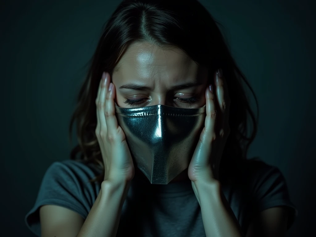 " A woman in a dark and oppressive environment ,  with a large suffocating mask covering your entire face in a tight and uncomfortable way.  She is visibly in agony ,  with your hands trying desperately remove the mask .  Her expression is intense and emot...