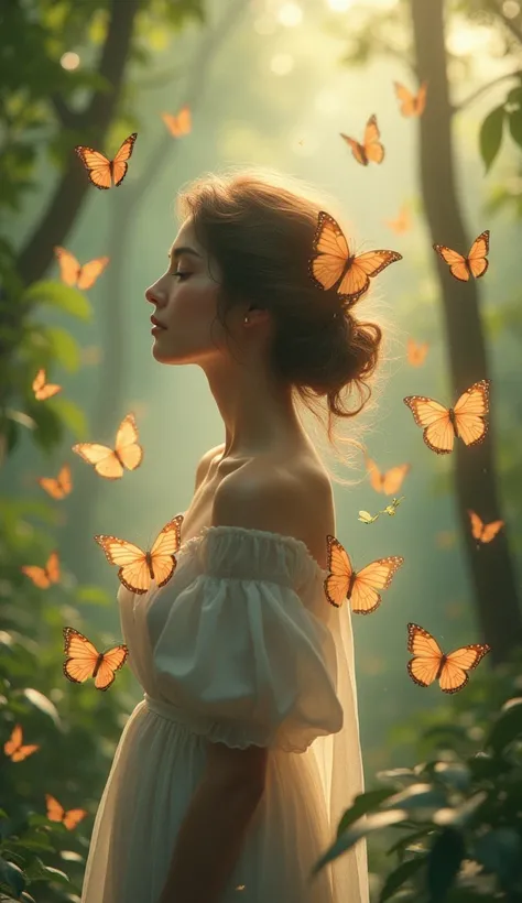 Remove the wings and let butterflies land on the woman and fly around them