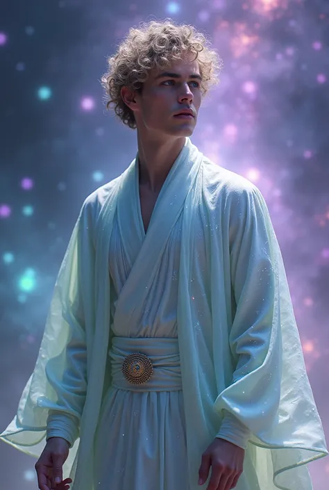 Create an Ethereal Astral Cosmic Native Young Man wearing an olive green holographic light robe with light curly hair, hyperrealistic, native to the Lilac Galaxy of Buddhian Prana.