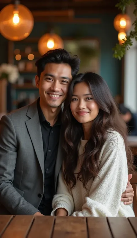 A handsome Indonesian looking cool guy sitting with a beautiful Indonesian faced woman with long curly hair is beautiful again copying the background of a cafe Professional living  , 4k, HD, UHD, 8K,  High detail ,         ultra definition 