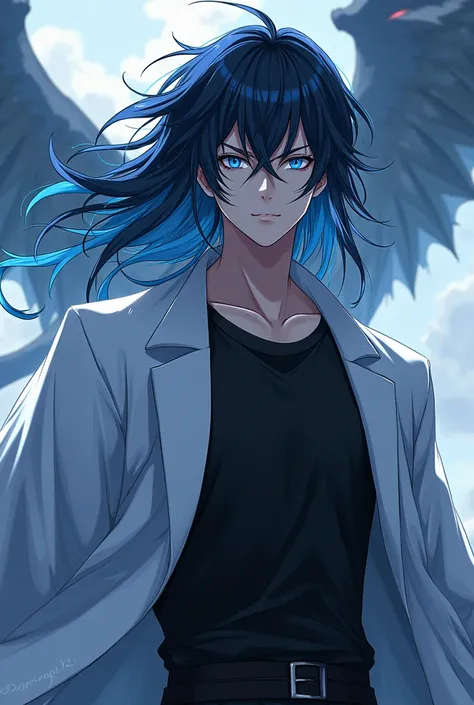 adult male, black hair with light blue tips, light blue eyes, black shirt with white robe, anime style, dragon background, cool 