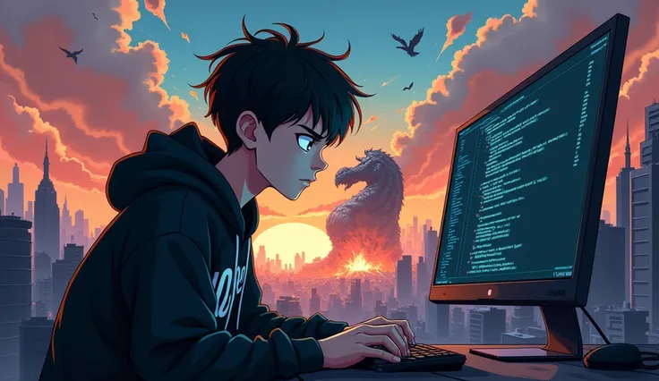 An anime-style illustration of a young man deeply focused on coding, his intense expression showing determination and concentration as his fingers swiftly move across the keyboard wearing a black hoodie that reads nozpera and the computer screen is shown a...