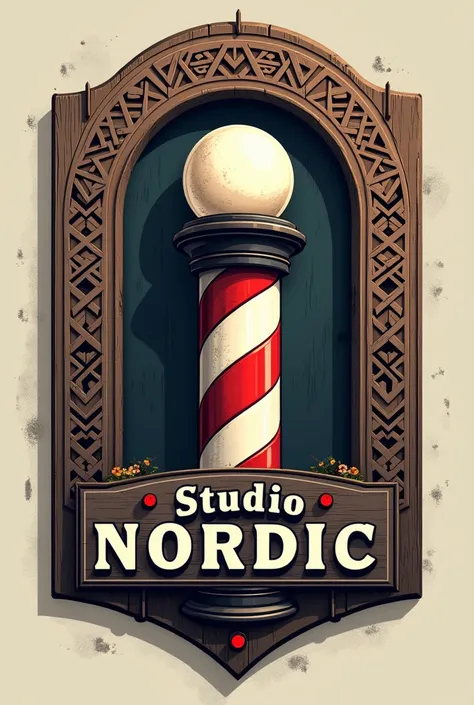  Logo for Nordic-themed barbershop inside a background designed with runes. Rustic-style wooden sign .  Barbershop name Studio Nordic .
