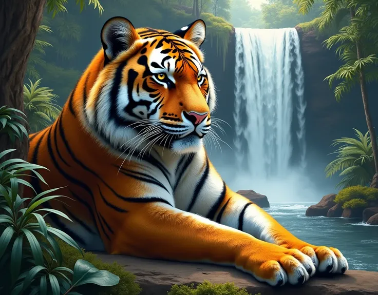 32k hires best quality professional photograph,airbrush, poster, frame, painting of a tiger laying down in the jungle with a waterfall in the background, by Joe Jusko, hildebrandt, majestic view, by Tim Hildebrandt, majestic landscape, by David B. Mattingl...