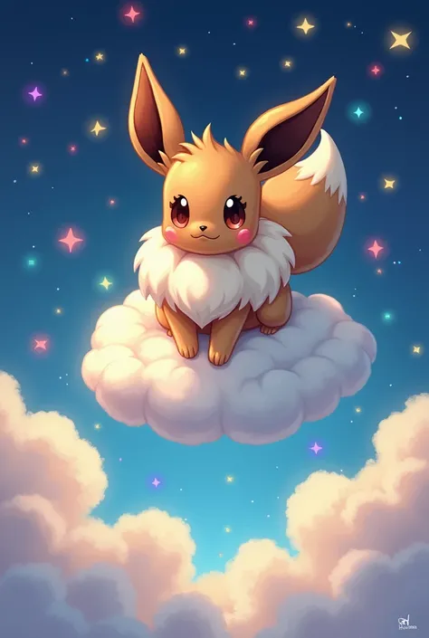 Pokemon eevee above a cloud quote with colorful stars background full image 