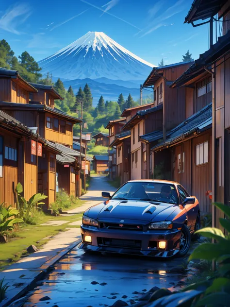 Nissan Skyline GTR R34 ,  in the background of Mount Fuji. Blue sky. Front car. cerca a la costa.