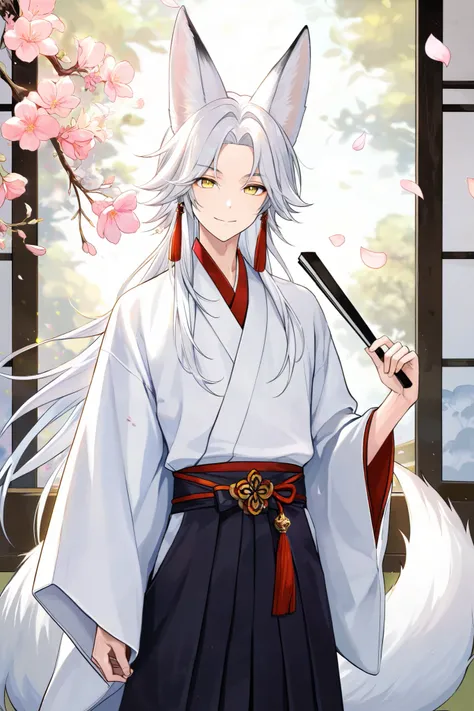 solo,bishounen,skinny,long hair, looking at viewer, smile, long sleeves, 1boy, animal ears, closed mouth, standing, yellow eyes, white hair, male focus, flower, japanese clothes, wide sleeves, parted bangs, fox ears, petals, fox tail, tassel, hakama, hand ...