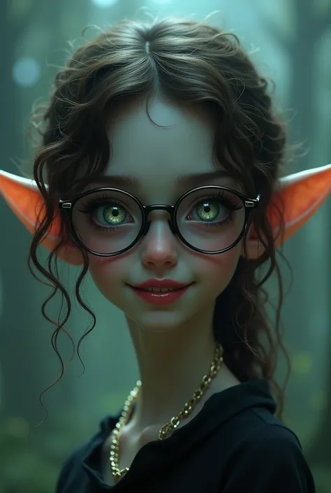 girl with 1,60 tall, wear glasses,  have curly brown hair,  Elfs Ear, thin neck,  White eyes, Do vampires dendes 