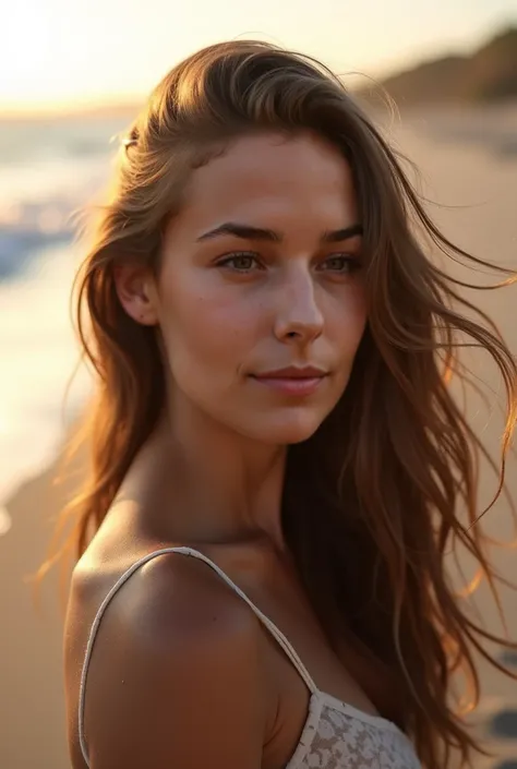 Photo of this woman ,  maintaining the same characteristics,  on the beach  