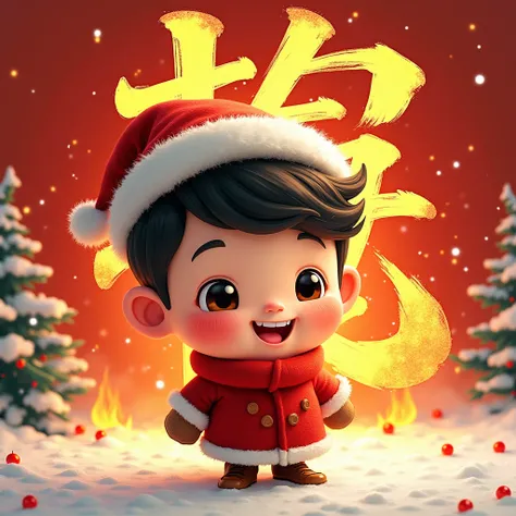  with the word “Qin” written on the background，Flame burning ， cartoon Christmas boy ，bust