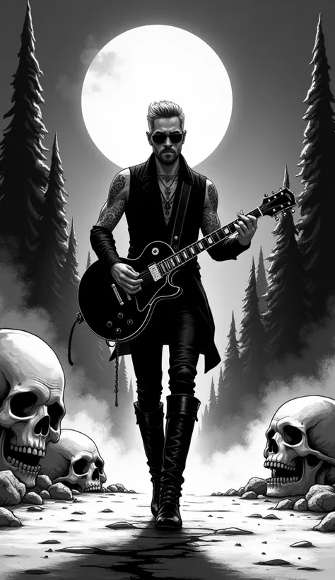 The image is a striking monochrome illustration featuring a handsome rocker man, 35 years old, lots of tattoos, short haircut, beard, sunglasses, black outfit, tall rocker boots, with an ethereal quality, surrounded by floating skulls, walking and playing ...