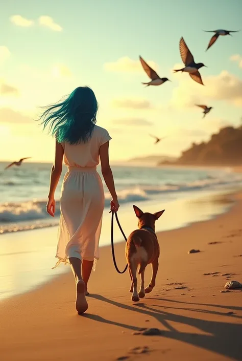 Ultra-reliate 8k ,  footage of a Brazilian woman with blue hair walking on the beach with her dog on a leash at sunrise with swallows flying in the sky 