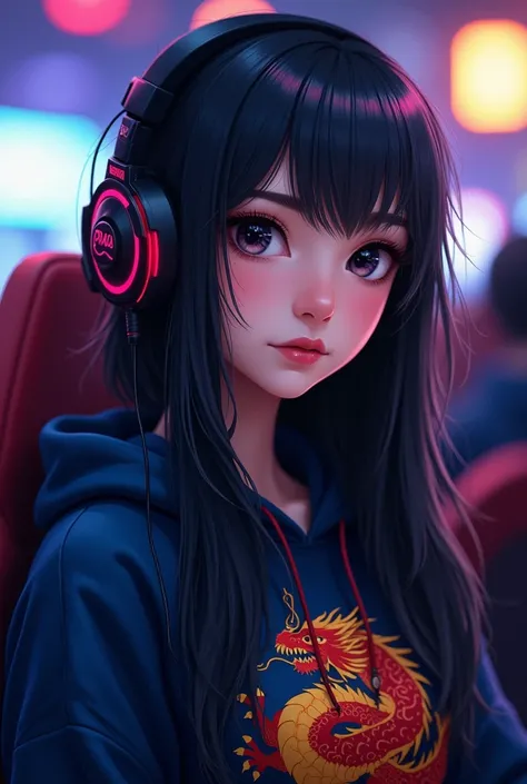 Make a 26-year-old white woman ,  black eyes , com piercing de argola no nariz,  black hair.  She must wear a headphone and must be wearing a navy blue hoodie with a red and yellow dragon print.  Make the background at an e-sports event .