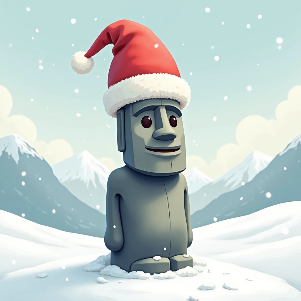  Cute Moai Statue Letters 、
 There is only one Moai statue 、
 wearing a Santa hat   、
beautiful winter scenery、
 Pokemon Style、