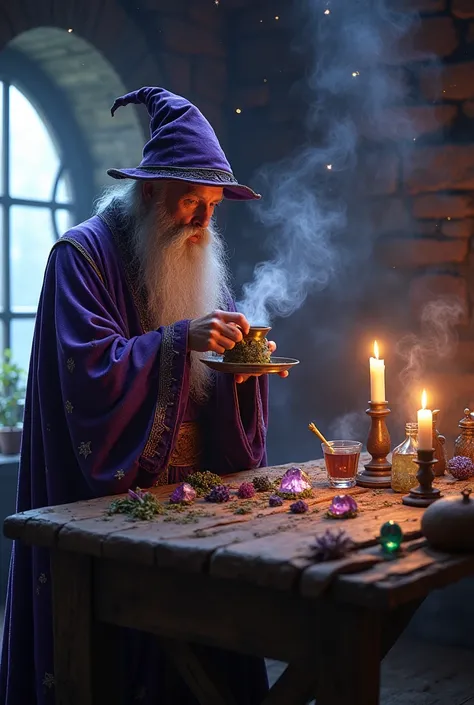 "A mystical wizard stands at an ancient wooden table filled with glowing herbs, crystals, and potions. Dressed in a deep purple robe with silver star patterns, he sips a steaming herbal tea, its mist forming cosmic shapes. Soft light from enchanted candles...