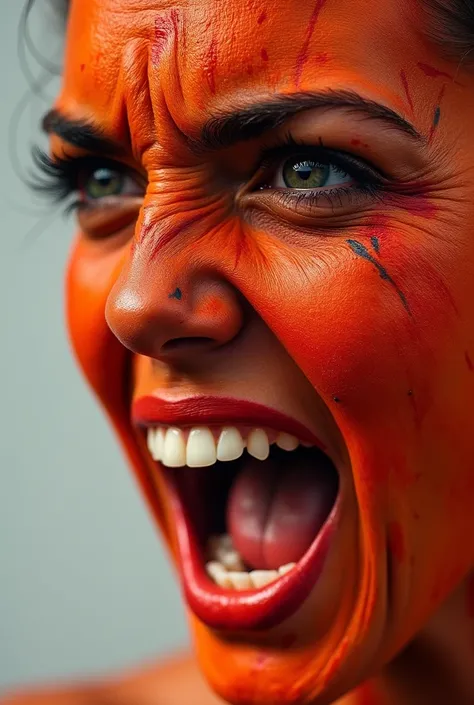 Create a face painting, paint the face with angry red-orange, smear the color on the face violently, without any order, use one hand to touch the color on the face. wowen she angry