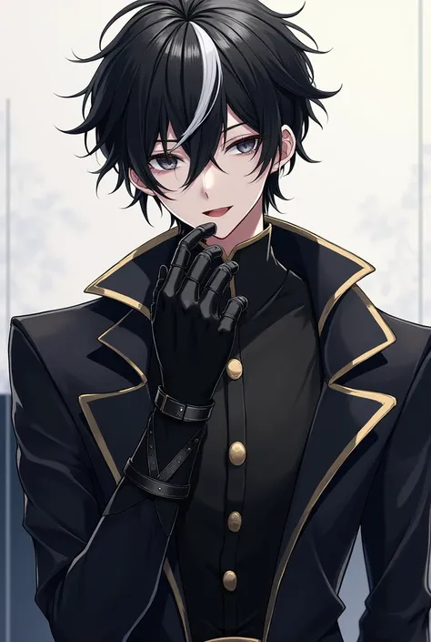 A character with black hair and white highlights, a defined body, black clothes with sleeves, a glove on one hand, only black eyes Male character anime trait something dark A detailed outfit Not just black everyday clothes