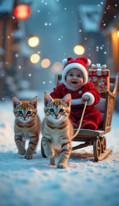 Kittens are pulling a sled.
The kittens are running in front of the sled, pulling it with a rope.

A baby girl about six months old, dressed in a Santa Claus costume, is sitting on the sled, smiling.
There are also presents on the sled.

The background is ...