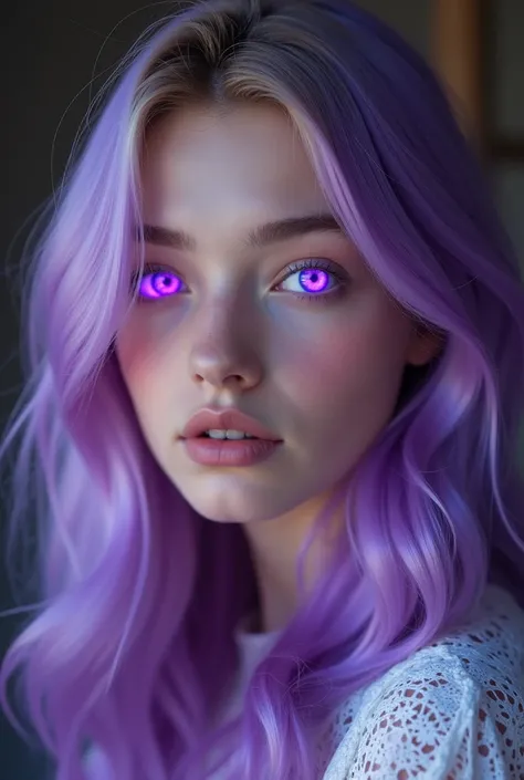 blond girl with purple hair and blue eyes posing for a picture, with glowing purple eyes, with vivid purple eyes, gorgeous young model, color portrait, violet eyes, pale skin and purple eyes, beautiful violet eyes, hyper realistic color photo, subtle purpl...